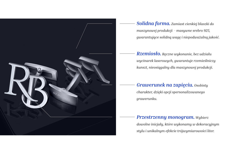 Srebrne spinki do mankietów inicjały 3D