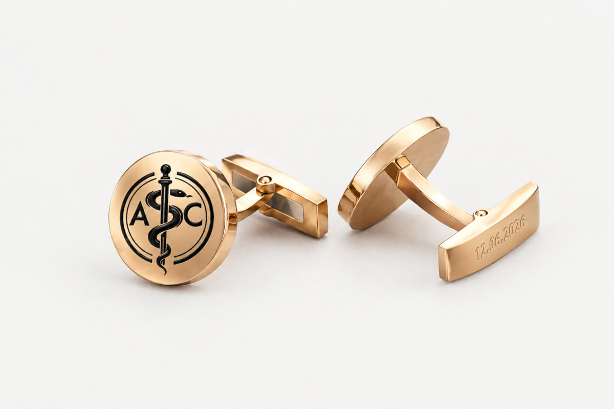 14k gold doctor cufflinks with the Rod of Asclepius and initials in black enamel, engraving on the toggle