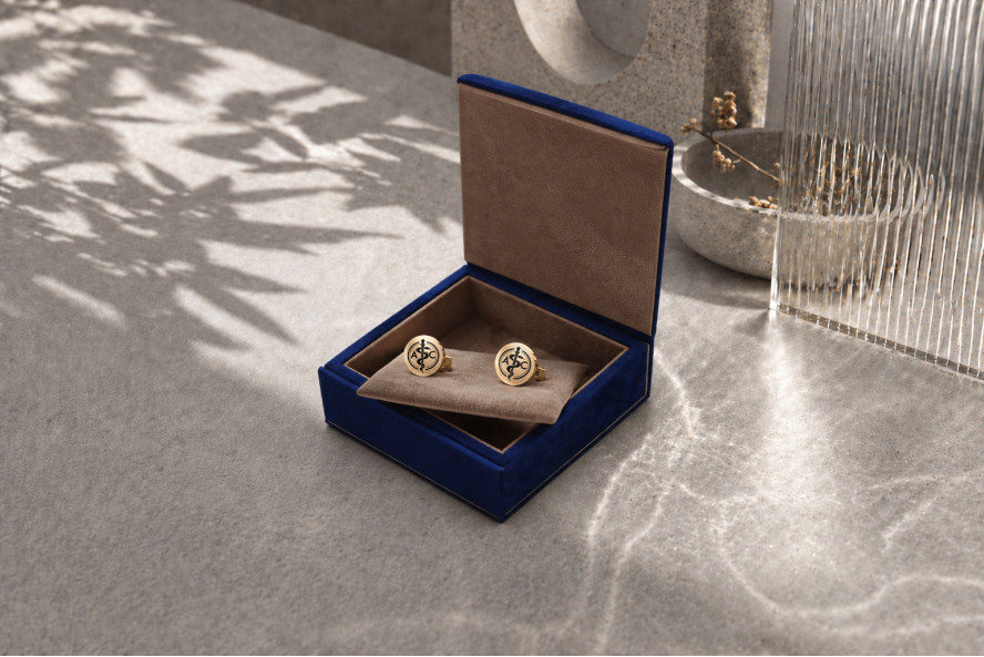 14k gold doctor cufflinks with the Rod of Asclepius and initials in black enamel, engraving on the toggle