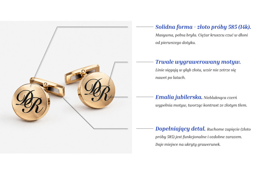 14k gold cufflinks with a calligraphic monogram in black enamel on a light background