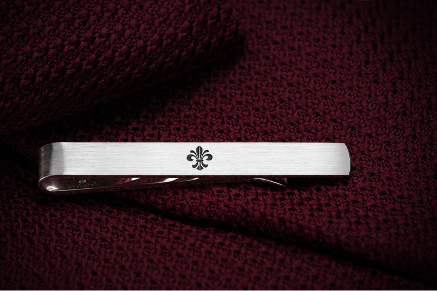 Sterling silver tie clip engraved with Fleur de Lis symbol
